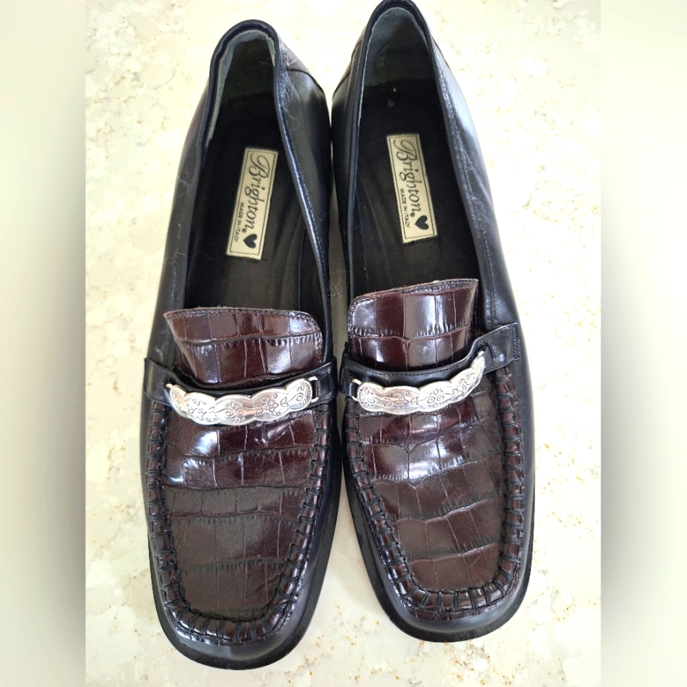 Brighton Womens Dark Brown/Black Croc-Embossed Loafers Silver Trim Size 10